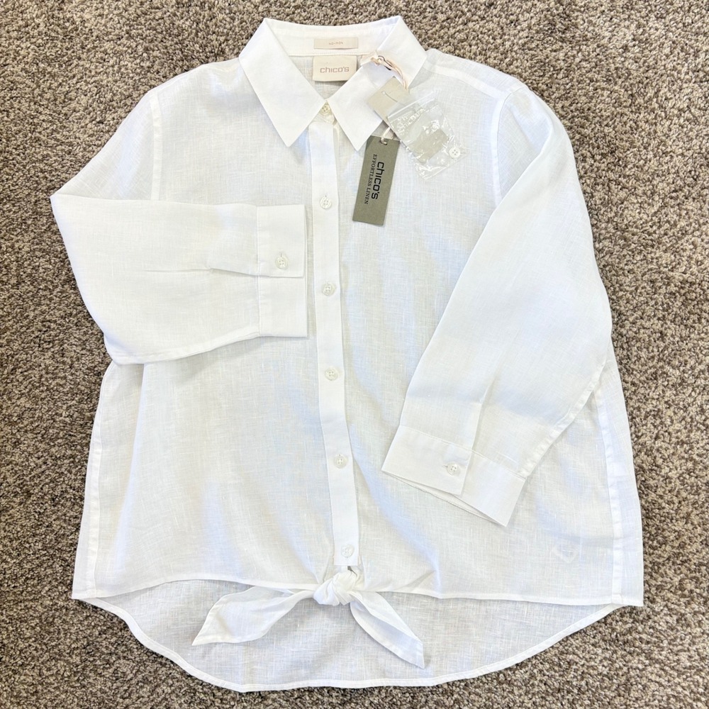 Chico's Linen Shirt Womens 1P M/8 White Lydia No Iron Tie Front Classic NWT - Picture 6 of 13